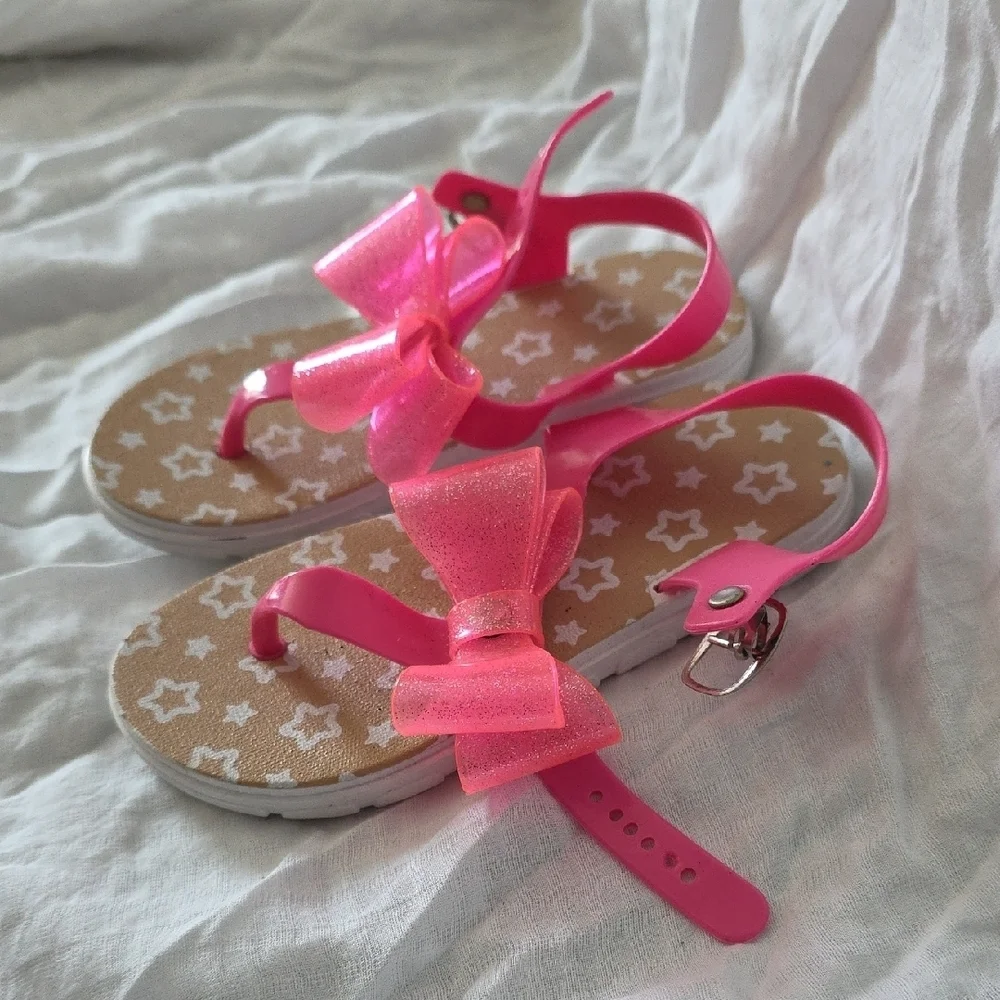 (J36) Wonder Nation Pink and Tan Sandals T-Strap Bow Design